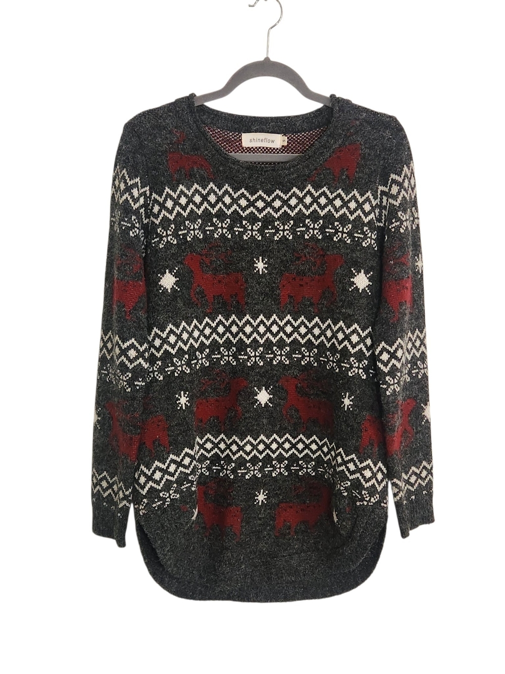 Shineflow Charcoal Gray and Burgundy Reindeer Fair Isle Tunic Sweater Size Small
